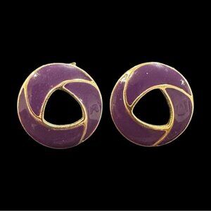 Vintage Purple & Gold Circular Enamel Earrings With Triangular Cutout Design